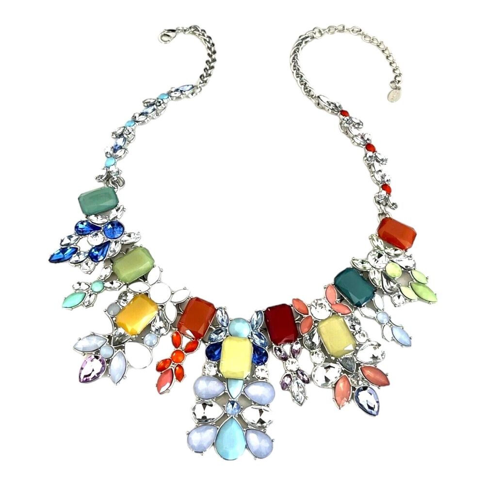 Susan Graver Statement Necklace Multi-Colored Crystals Silver Tone